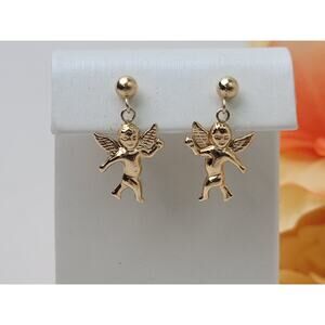 14K Yellow Gold Cherub Angel Dangle Earrings | .63 grams